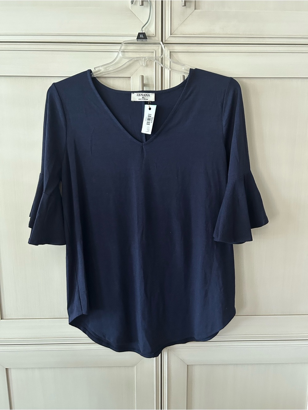 Zenana Outfitters Navy V-Neck Ruffle Bell Sleeve Blouse